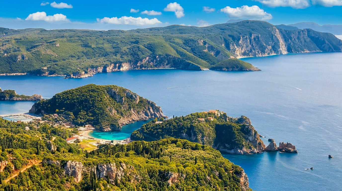 Beautiful Corfu coastline with turquoise waters and green hills